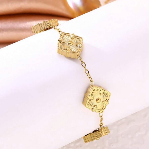 Gold Plated Stainless Steel Floral Square Link Bracelet - Picture 3 of 3